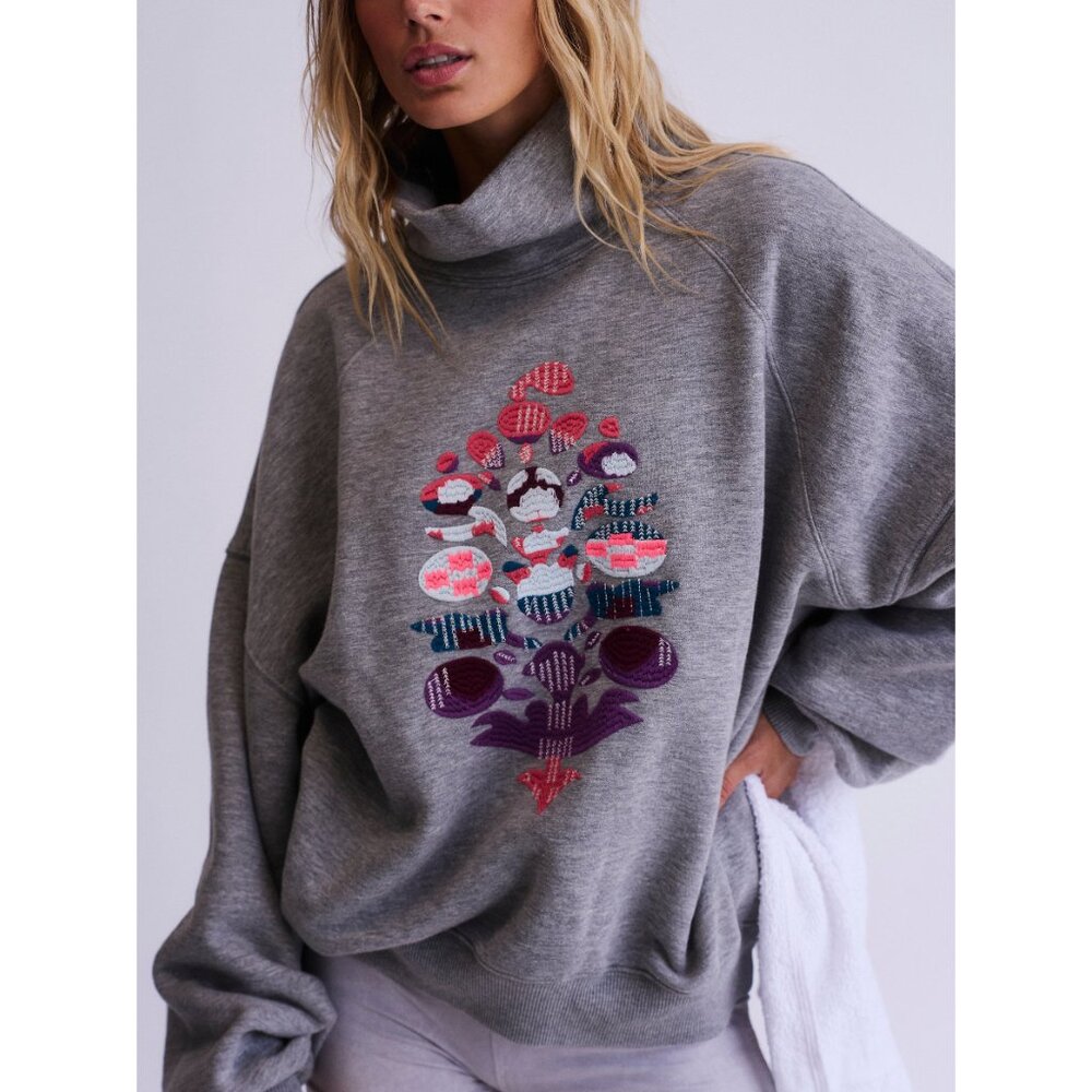 FP Movement by Free People Gray Funnelneck Sweater with Pink & Purple Embroidery